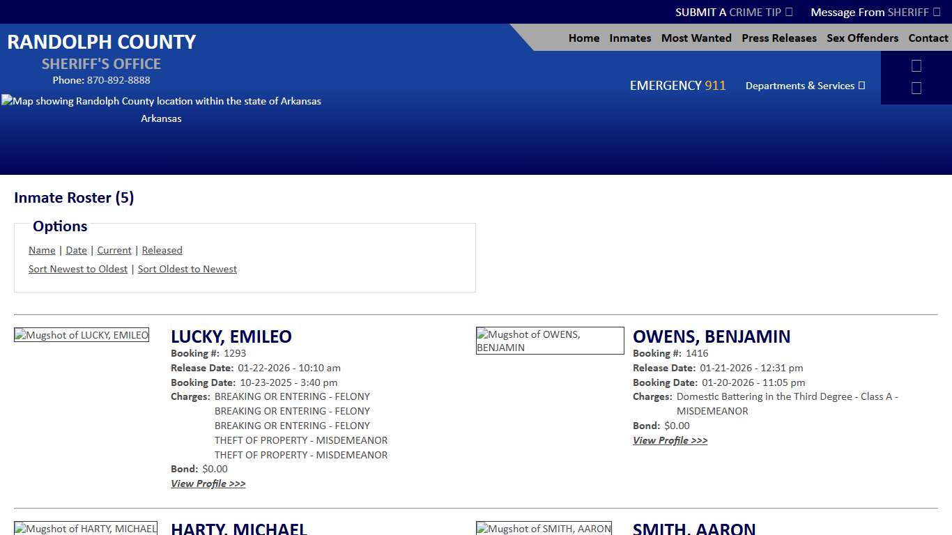 Inmate Roster - Released Inmates Booking Date Descending - Randolph County Sheriff AR